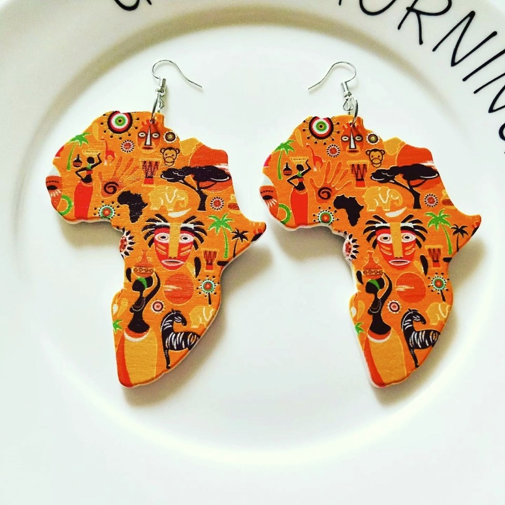 African Map Tribal Art Wood Earrings
